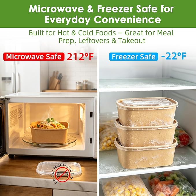 50 Pack 35oz Meal Prep Containers with Lids and Forks for Lunch Takeout | Disposable, Compostable Kraft Paper Bowls To Go, Microwave & Freezer Safe Food Containers for Hot Soup, Cold Dessert