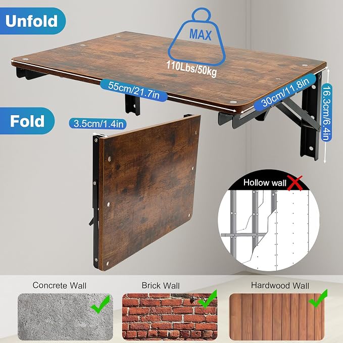 Folding Wall Desk for Small Space, 21.7Inches Wooden Floating Table | Foldable Shelf Wall Mounted for Office Living Room Bedroom, Media Projector Shelves with 2 Heavy-Duty Brackets Holds Up 80lbs