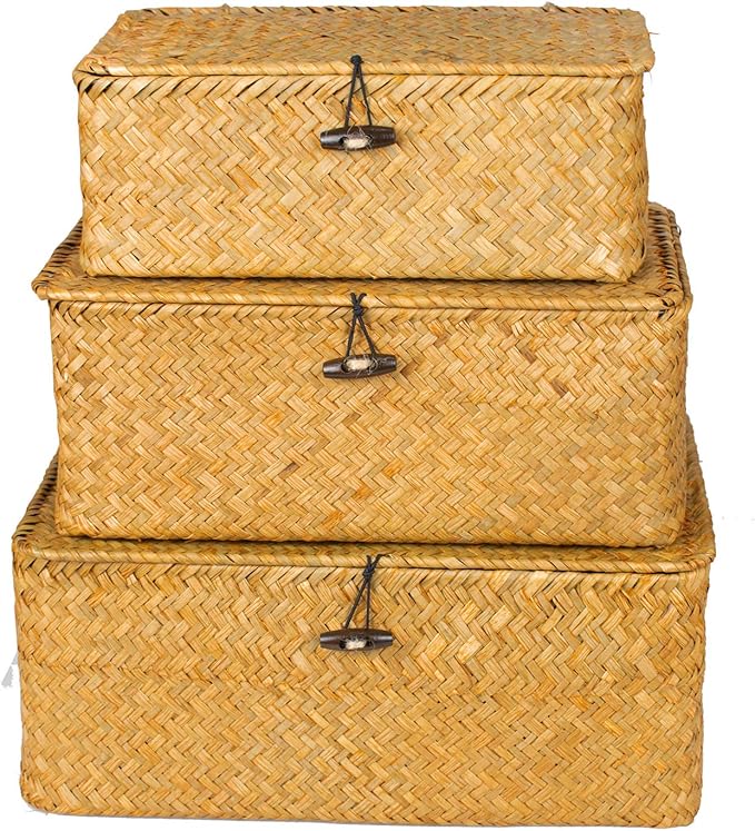 Yesland Small Shelf Baskets with Lid Set of 3, Compact Handwoven Seagrass Storage Bins Rectangular Wicker Basket for Shelf Organizer, Closet, Desktop