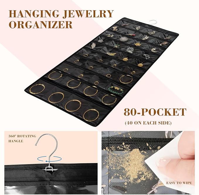 2 PACK (Each Pack 80 Pockets,Total 160 Pockets) Hanging Jewelry Organizer with Hanger Metal Hooks Storage On Wall Door Closet Double-Sided Jewelry Holder for Earrings, Necklaces, Rings (2 Pcs Black)