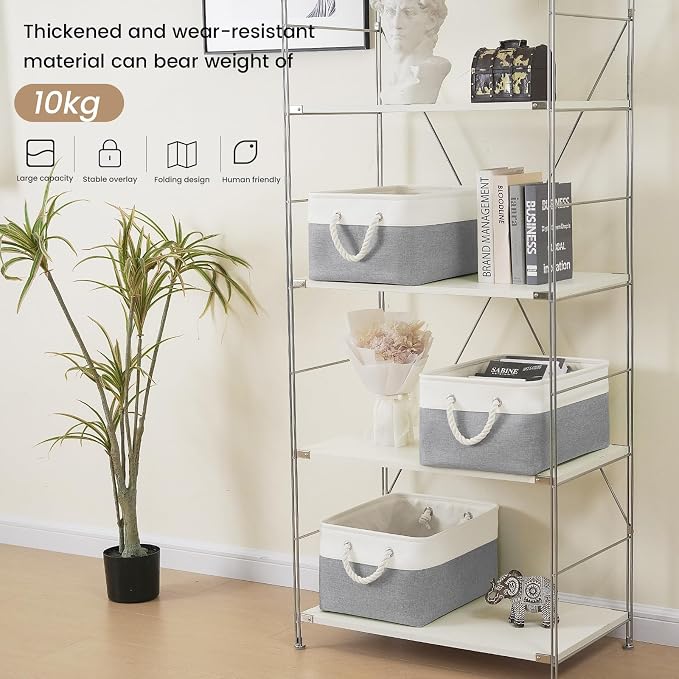 Large Storage Baskets- 15.7x11.8x8.26 inch Storage Bins for Shelves and Closet Organizing, Foldable Fabric Bin for Home Organization Clothes and Laundry (3-Pack, White&Grey)