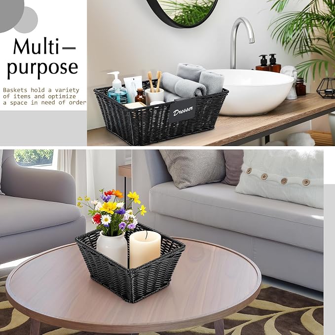 Marsui 6 Pcs Wicker Storage Baskets for Pantry Organization with Labels Handwoven Multi-size Black Wicker Storage Bins for Organizing Small Baskets Container for Shelves Closet Toilet