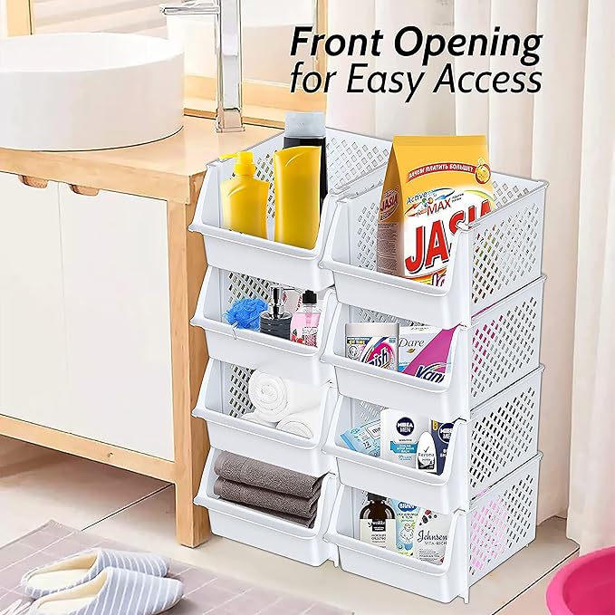TidyFriend Stackable Storage Bins for Pantry - 8 Pack Stackable Bins for Organizing Food, Kitchen, and Bathroom Essentials (White)