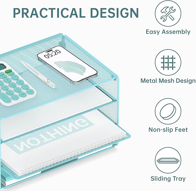 DALTACK 3 Tier Letter Tray Paper Organizer for Desk, Mesh Metal Desk File Organizer with Sliding Trays for Letter/A4 Paper, Mail, Bills & Folders, Light Blue