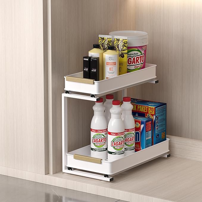 AndUp Under Sink Organizer, 2 Tiers Pull Out Bathroom Organizers and Storage, Slide Out Cabinet Organizer Shelf for Kitchen Bathroom, Multi-Purpose Collection Organizer Drawer Shelf (White, 1pcs)