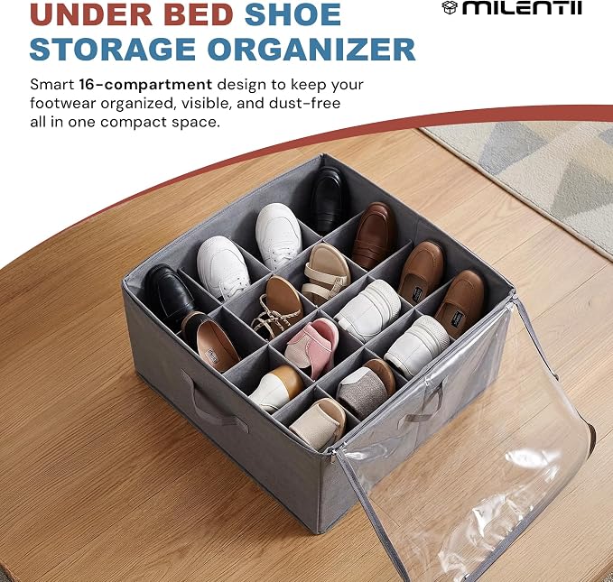 Shoe Organizer for Closet, 16 Compartment Foldable Storage Box with Lids | Milentii 2-Pack Foldable Shoe Organizer with Box Bin, Adjustable Dividers & Clear Cover Closet Storage Fit 16-32 Pairs, Grey