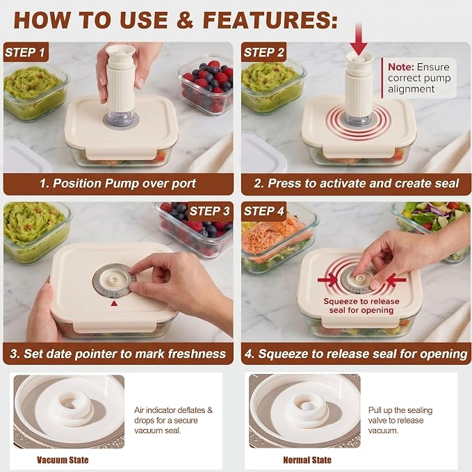 Glass Vacuum Food Storage Containers Set, 4 Pack 21 Oz 2-Compartment Meal Prep Bento Boxes with Handheld Vacuum Pump & 10 Reusable Sealer Bags for Kitchen Organization, Oven/Microwave Safe