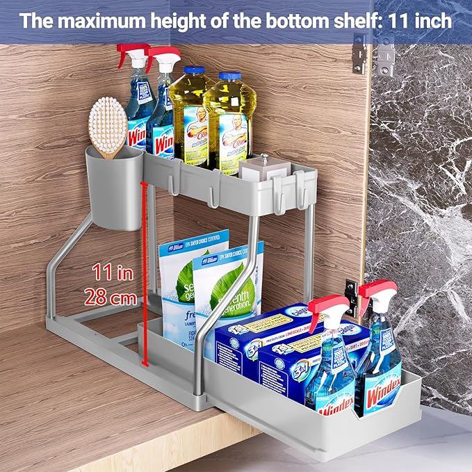 Puricon 2 Pack Under Sink Organizer, 2-Tier L-Shape Sliding Under Sink Organizers and Storage, Under Counter Storage Organizer Pull Out Under Sink Storage for Kitchen Bathroom -Grey
