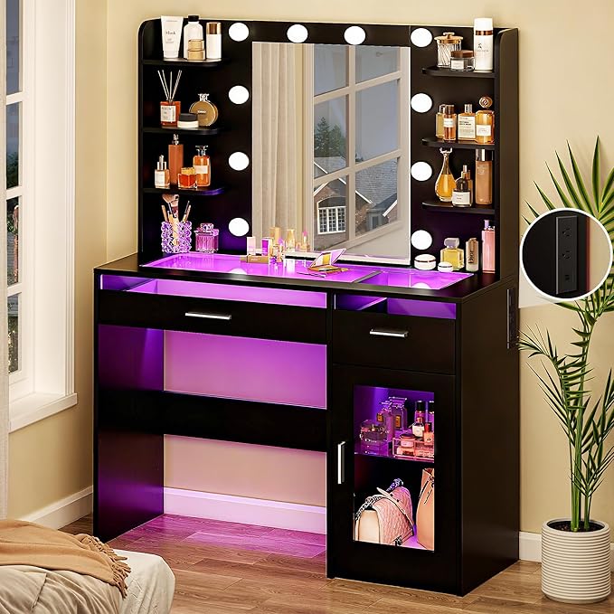 HUAHUU Vanity Desk with Mirror and Lights, Makeup Vanity Desk with Lights 3 Colors, Transparent Top Vanity with 2 RGB Drawers, 6 Shelves, Large Tempered Cabinet, Power Outlet, for Bedroom, Black