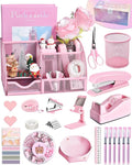Pink Desk Accessories, 24Pcs Pink Office Supplies and Desk Organizers, with Tape Dispenser, Stapler, Staple Remover, Ect, Gift Box Packaging