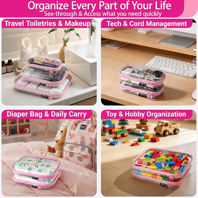 YQBRAO Clear Hard Shell Organizer Cases, 3-Pack, Pink | Rigid 1.2 mm clear PET organizers with multi-size design for toiletries, travel use, and everyday essentials