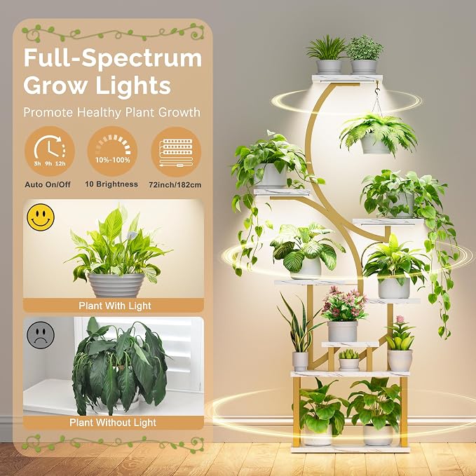 Plant Stand with Grow Lights for Indoor Plants, 8-Tiered Tall Corner Plant Shelf with Full Spectrum Light, S-Shaped Space-Saving Narrow Flower Holder, Anti-Tip for Living Room Bedroom, Faux Marble