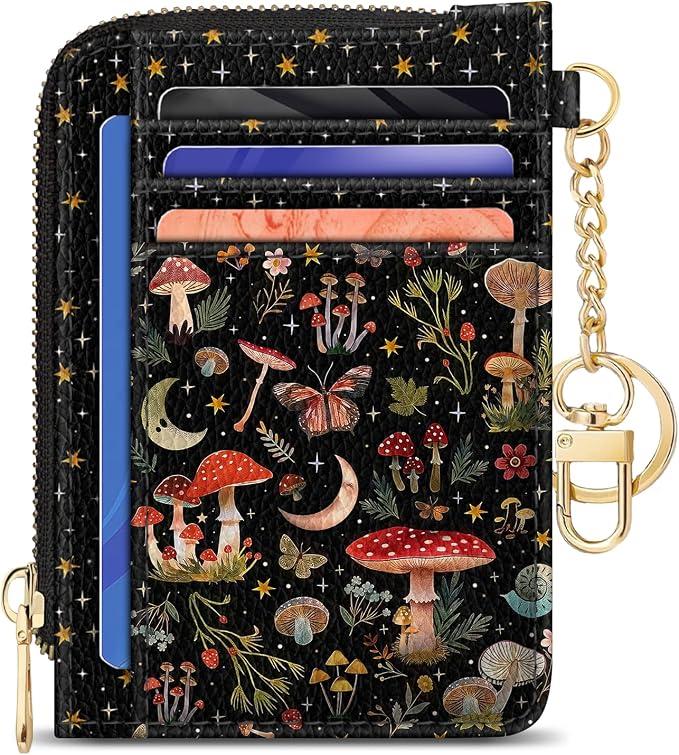 GIANCOMICS Slim Wallet Credit Card Holder Women, Mushroom Rfid Blocking Small Card Case, Keychain Thin Pocket Curved Zipper Wallet, Travel Card Holder PU Leather ID Window, Ladies Female Gifts