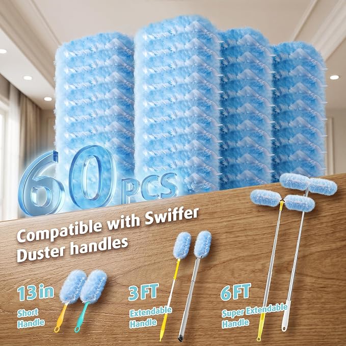 60 Count Electrostatic Duster Refills Compatible with Swiffer Duster, 6X Microfibers Heavy Duty 2 Side 360° Duster Refills, Disposable Multi Surface Dusters for Cleaning, Unscented