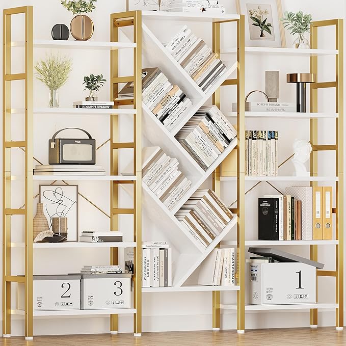 INNOD 70x70” Triple 5 Tier Book Shelf, Large Wooden Bookcase with 17 Open Display Shelf, Modern Tree Bookshelf Metal Frame Tall Book Case Furniture for Living Room Bedroom Home Office White & Gold
