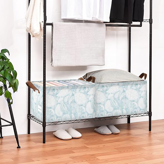 Light Blue Marine Life Turtle Coastal Storage Basket Foldable Cube Storage Bins with Handles&Label Collapsible Organizer Box Bin Large Rectangle Decorative Baskets for Shelves Home Living Room Closet