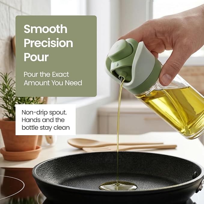 Olive Oil Dispenser for Kitchen 2-in-1 Pour and Spray | 11.5 oz / 340 ml | Glass Olive Oil Sprayer for Cooking, Airfryer, Salad & BBQ | Set of 2 Bottles, Green