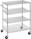 Finnhomy 4 Tier Heavy Duty Commercial Grade Rolling Cart with Handle Bar, Metal Wire Utility Cart with Wheels, Service Trolley on Wheels, Shelf Size 24" D x 36" W, NSF, Chrome