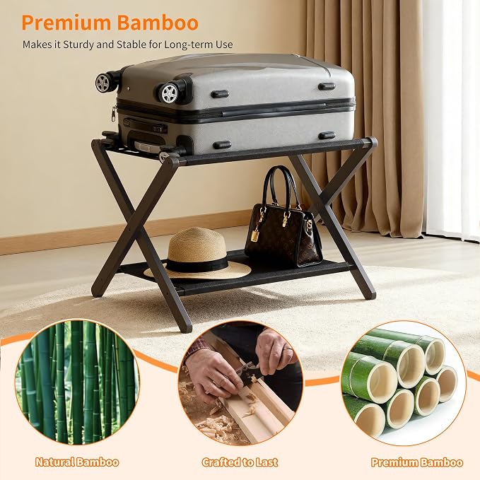 Heybly Luggage Rack, Pack of 2, Folding Suitcase Stand with Storage Shelf, Heavy-Duty Luggage Holder for Guest Room Bedroom Hotel, Holds up to 165 lb, Black, HLR010Z2