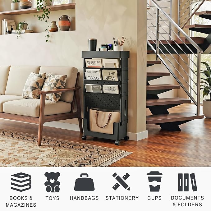 5-Tier Rolling Bookshelf Magazine Rack with Wheels Black | Mobile Bookcase, Book Storage File Folder Organizer Cart for Home Study Office Living Room Classroom