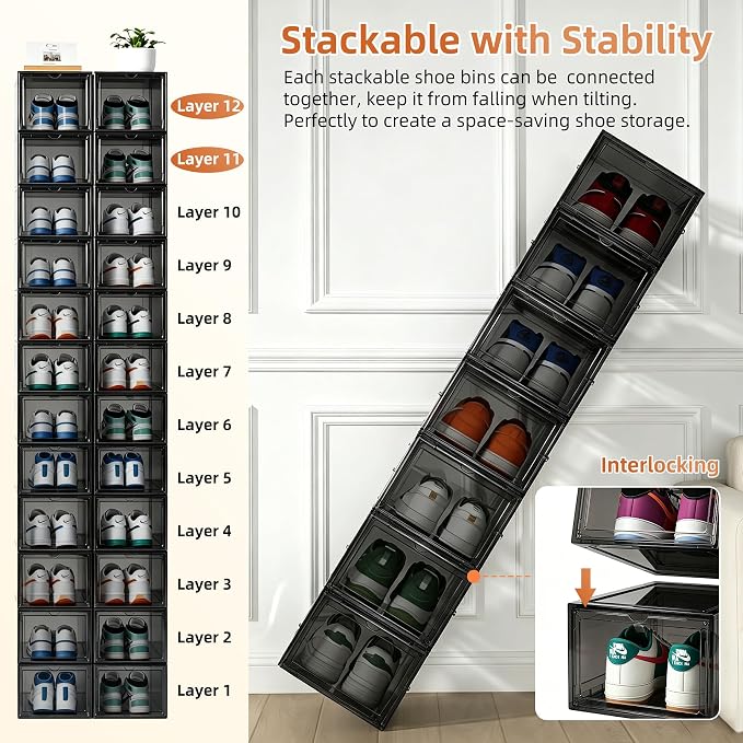 KEFA XL Shoe Storage Box, 8 PACK Shoe Boxes Clear Plastc Stackable Organizer, Clear Plastic Shoe Boxes Fit for US 15 (8 PACK GRAY)