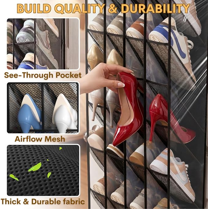 30-40 Pairs Over the Door Shoe Organizer, Clear Large Pockets Hanging Shoe Rack, Space-Saving Closet Door Organizer Fits Boots,Sneakers or Larger Shoes,Shoe Storage for Bedroom,Small Closet,Entryway