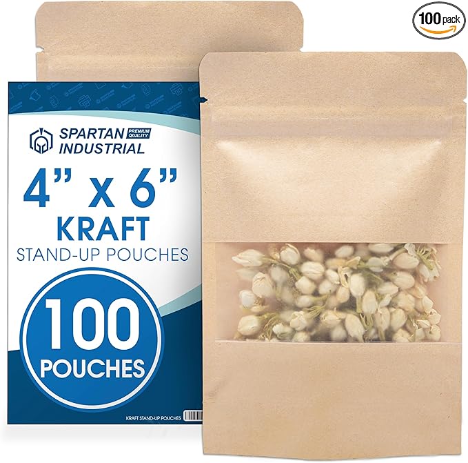 Spartan Industrial - 4" X 6" Kraft Resealable Stand-Up Pouches - Pack of 100 Small Smell-Proof Storage Pouches for Food Packaging, Pet Treats, Cosmetics, and More