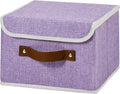 Collapsible Storage Boxes Baskets with Lid Cotton Linen Fabric Storage Bins with Faux Leather Handles Decor Washable Cube Organizer Container for Home Closet Bedroom (Purple, Small Size)