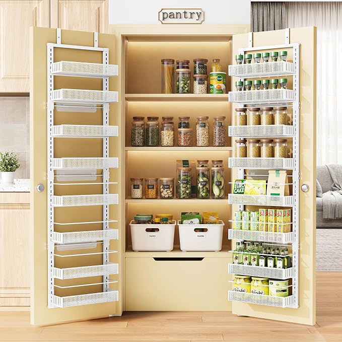 Narrow Over the Door Pantry Organizer - 8 Tiers Height Adjustable Pantry Organizers and Storage with Dense Mesh Baskets, Metal Spice Rack for Kitchen Bathroom (White, 12.2"W x 4.6"D x 69.1"H)