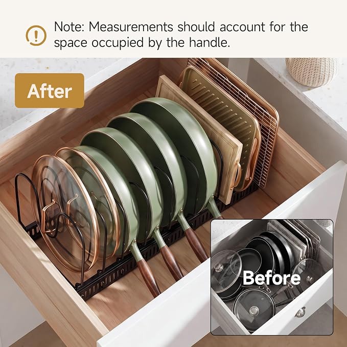 MUDEELA Pot Lids Organizer Rack for Cabinet, Expandable 11.81" to 22.85" Pot and Pan Organizer Holder with 10 Adjustable Dividers, Baking Cookie Sheet Bakeware Cutting Board Kitchen Storage Organizer
