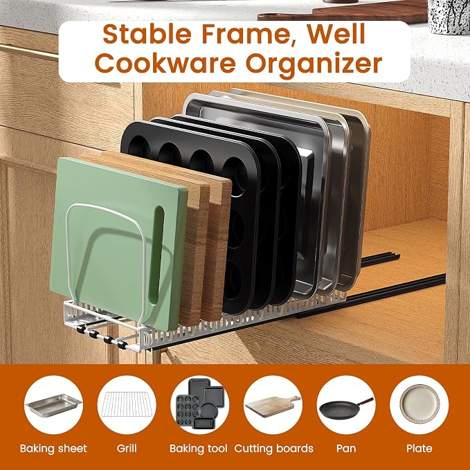 Housolution 2 Pack Baking Tray and Cookie Sheet Organizer, White | Sliding Rail Design, 10 Adjustable Dividers, 2 Installation Ways