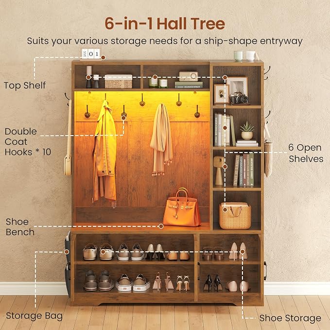 Itaar Hall Tree with Bench and Shoe Storage, Farmhouse Entryway Bench with Coat Rack, Shoe Cabinet with Adjustable Shelves, 6 Storage Cubbies, 10 Coat Hooks, Storage Bag, Led Lights, Rustic Brown