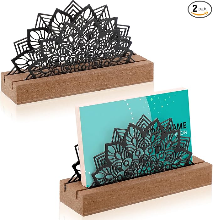 CroBlissful 2 Pcs Lotus Business Card Holders for Desk, Wood&metal Black Lotus Silhouette Business Card Display Stand for Home Office