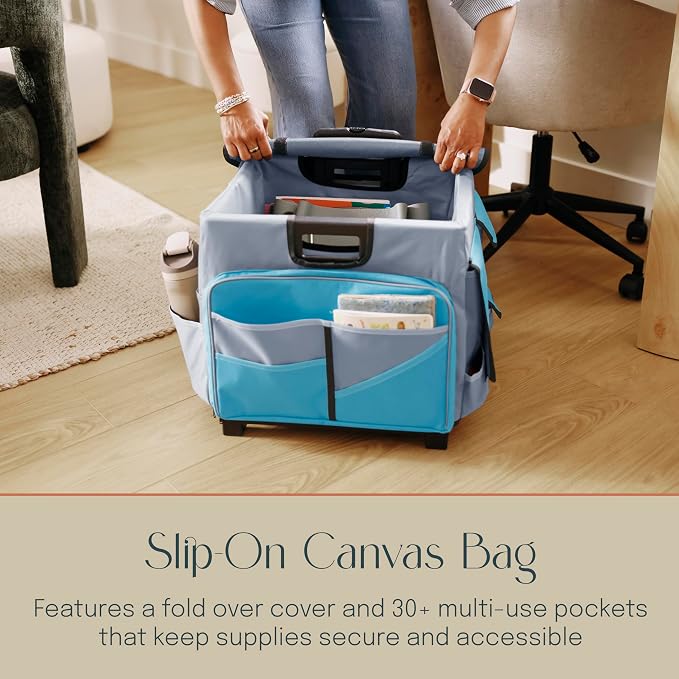 Folding Mobile Utility Cart, Canvas Organizer Bag, Turquoise/Grey | Durable plastic, 30 compartments, adjustable handle, 40 lb capacity, collapses to 3" thick, rolling wheels for easy transport