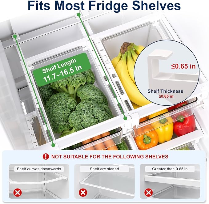 Fridge Drawer Organizer Pull-Out Under Shelf Bin, Adjustable Dividers | BPA-Free Clear Space-Saving Storage