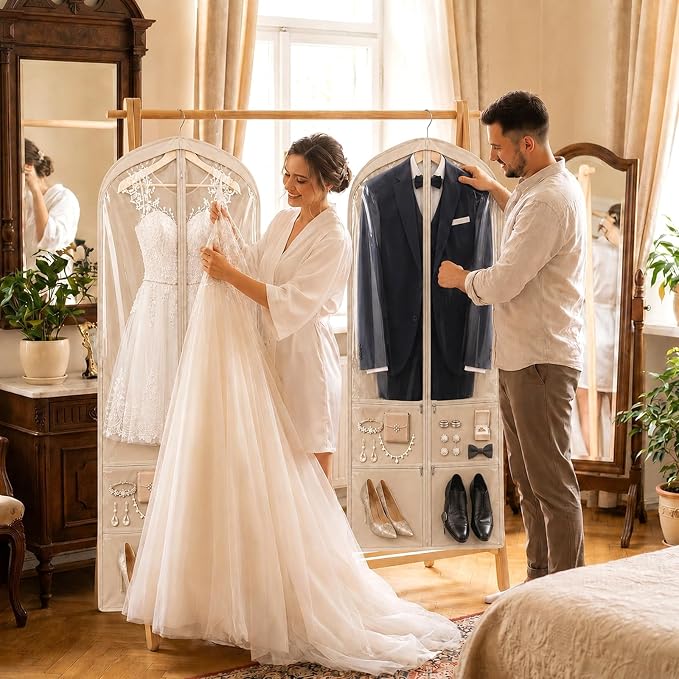 Tranqun 2 Pack 65" Long Wedding Garment Bags for Gowns 4" Gusseted Clear Dress Travel Bag for Hanging Clothes Foldable Wedding Dress Cover with 4 Zipper Pockets for Closet Storage and Travel (Khaki)