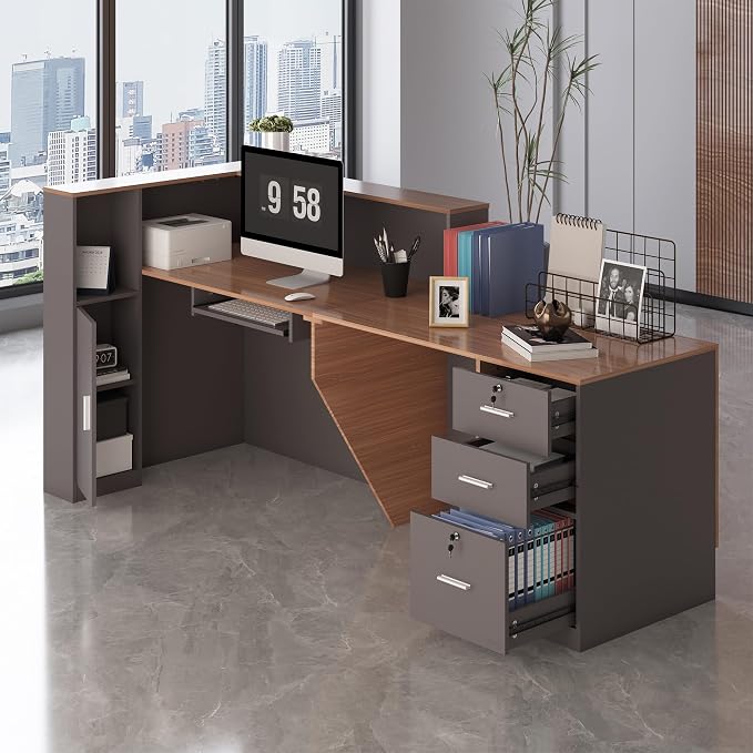 L-Shaped Reception Desk,Large Front Desk with Keyboard Tray, Lockable Drawers & File Cabinet, Receptionist Desk for Checkout,Lobby (Right L-Walnut/Slate Gray, 71''L x 23.6''W x 41.3''H)