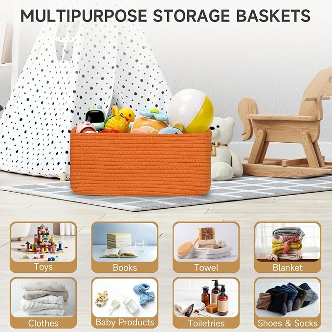 3-Pack Small Storage Baskets for Organizing | Woven Shelf Toy Basket | Rope Baskets for Gifts Empty | Closet Organizer Bins with Handles | Cube Decorative Box | 11.8×7.8×5.1” | Orange
