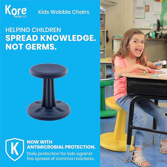 KORE DESIGN Wobble Stool Chair, Girls + Boys Kid Desk Stools, Ergonomic Small Office Chairs, Flexible Seating for Active Kids, ADD/ADHD, Classroom, School, Home, Preschool (12in) Age 4-5 yr, Dark Blue