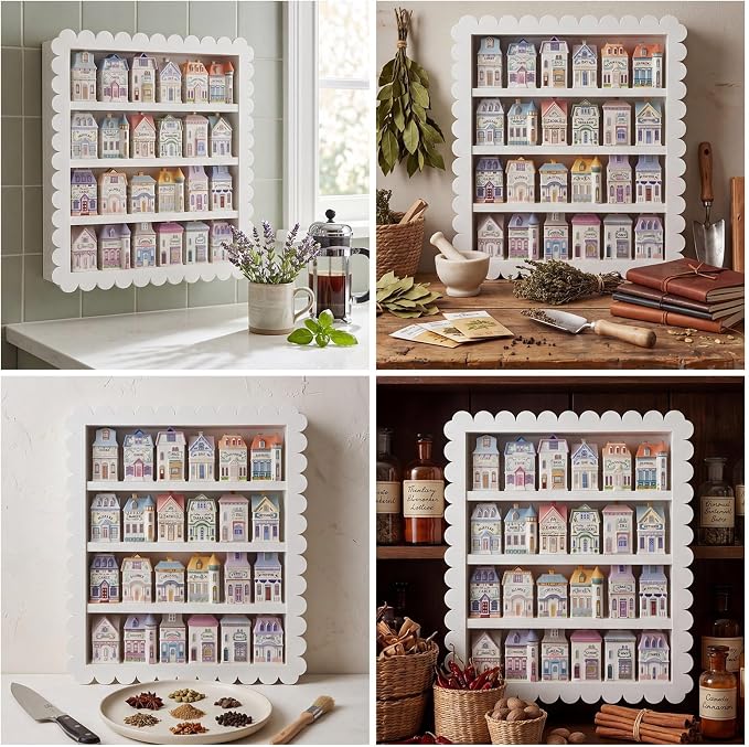 Chunful Spice Jar Wooden Rack White Scalloped Spice Shelf for 24 Jars, Village Style Wall Mounting Kitchen Storage Decorative Hanging Display Rack, Shelf Only
