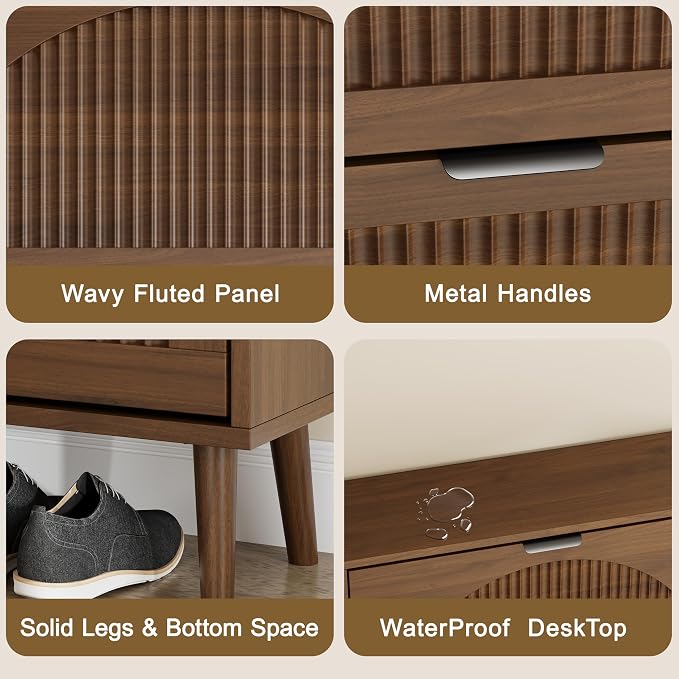 Shoe Storage Cabinet with 4 Flip Drawers, Narrow Wood Shoe Organizer Cabinet with Fluted Panel, Slim Shoe Rack for Entryway, Freestanding Shoe Cabinet for Living Room, Hallway, Walnut