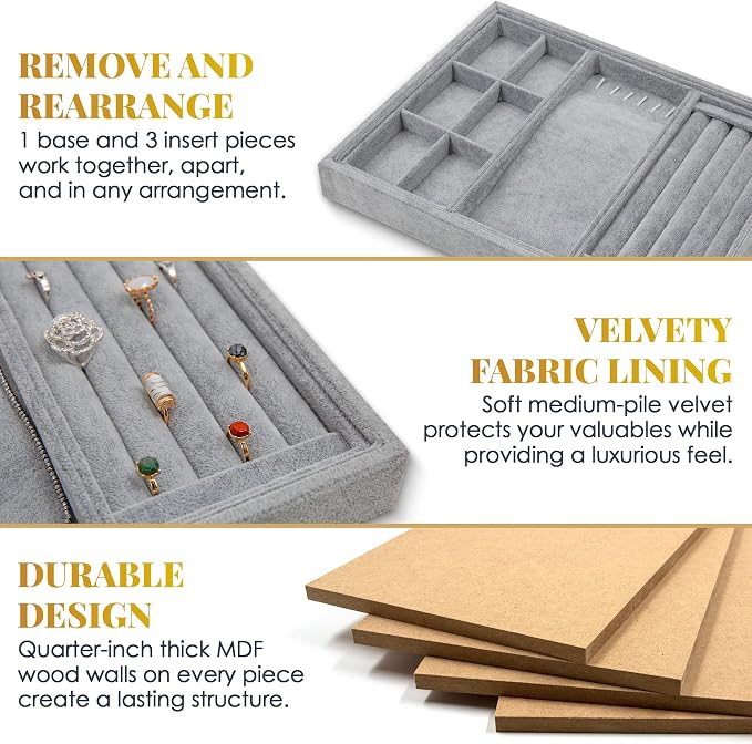 Jewelry Drawer Organizer, Jewelry Organizer For Drawer, Box Divider Inserts | Houseables Velvet Tray, Box Inserts, Flat Stackable Trays, Earring, Ring, Necklace, Bracelet, Display, Vanity Dresser, Safe