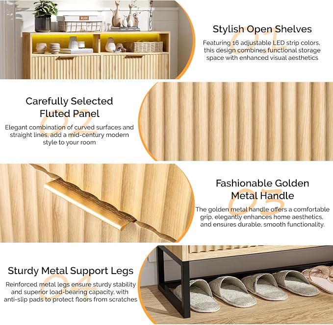 VINGLI Fluted Shoe Cabinet for Entryway, Narrow Hidden Shoe Storage Organizer with 4 Flip Drawers & 16-Color LED Lights, Mid Century Modern Slim Freestanding Shoe Rack with Cubby, Natural Oak