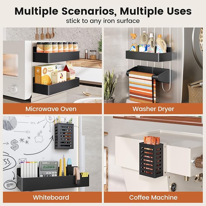 Mystozer Magnetic Spice Rack for Refrigerator,5 Pack Magnetic Shelf,Fridge Magnet Organizer with Paper Towel Holder,Fridge Organizers and Storage Black(5 Pack)