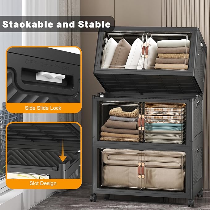UAMFURI Stackable Storage Bins with Lids, 672QT Closet Organizers and Storage with Doors and Wheels, Extra Large Storage Cabinet, Collapsible Plastic Drawers for Bedroom Kitchen Office Garage
