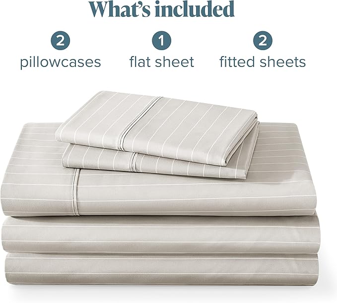 Bare Home Split King Sheet Set - 1800 Ultra-Soft Microfiber Bed Sheets - Double Brushed - Deep Pockets - Easy Fit - 5 Piece Set - Bed Sheets (Split King, Pinstripe - Stone/White)