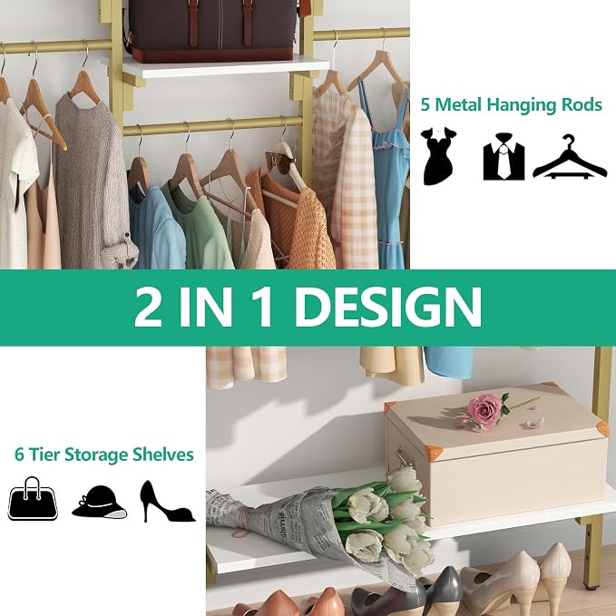 Auromie Gold Wall Mounted Clothing Rack with 5 Hanging Rods, Clothes Rack with Adjustable Shelves, Closet Storage Organizer System Kit, Heavy Duty Garment Rack with Metal Frames (80.71" L*78.74" H)