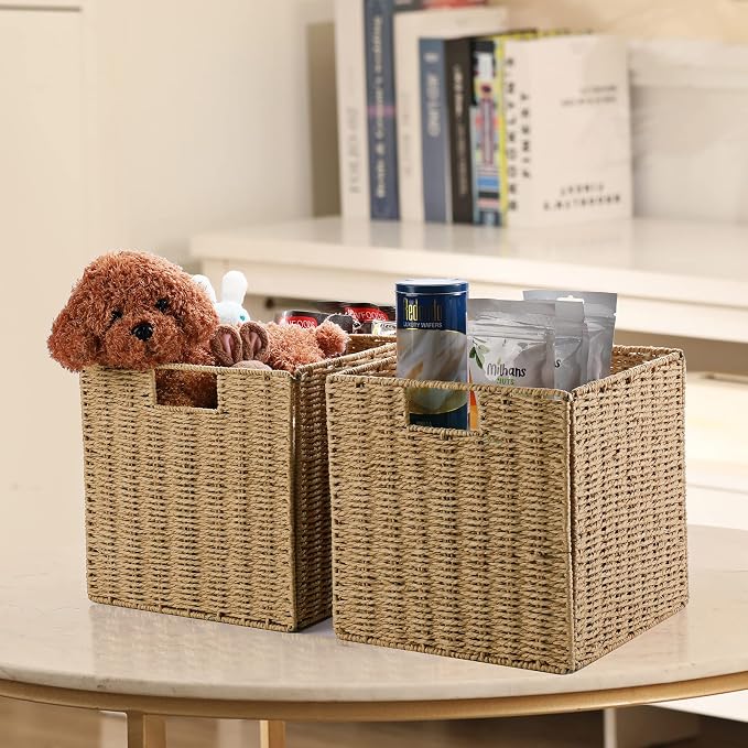 Vagusicc Wicker Storage Basket, Set of 2 Hand-Woven Wicker Basket, 11 inch Storage Baskets for Organizing and Decor, Foldable Cube Storage Organizer Bins Baskets for Shelves, Woven Basket, Natural