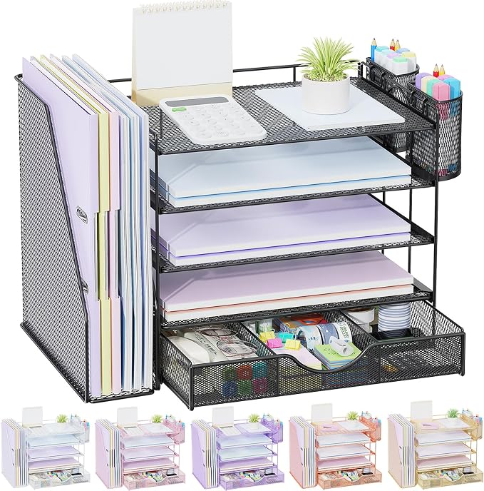 gianotter 5-Tier Desk Organizer with Drawers, File Holders, Letter Trays and Pen Holders - Workspace Accessories for Office Supplies (Black)