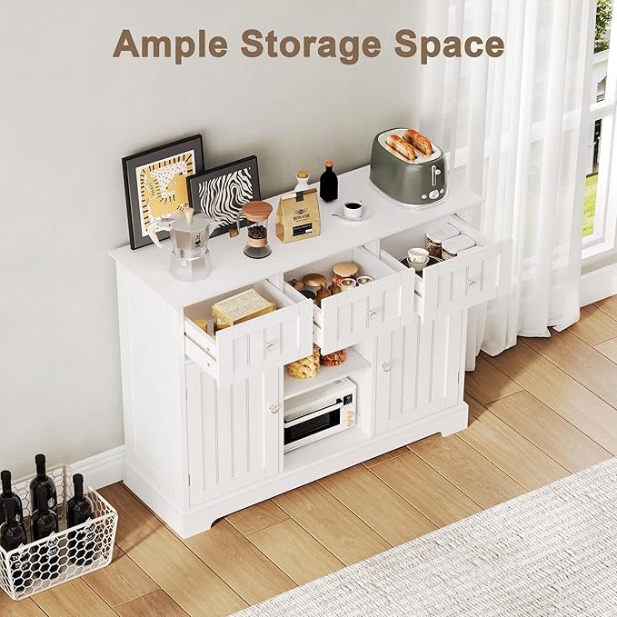 ChooChoo 35.4" Coffee Bar Cabinet with 3 Drawers and 2 Doors, White | Buffet Cabinet with Adjustable Shelves, Storage Cabinet for Compact Kitchens, Dining rooms and Living rooms